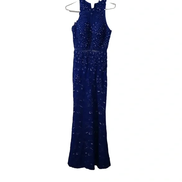 Anny Lee Blue Sequined Lace Wedding Prom Cocktail Evening Gown Dress Small - Picture 1 of 15